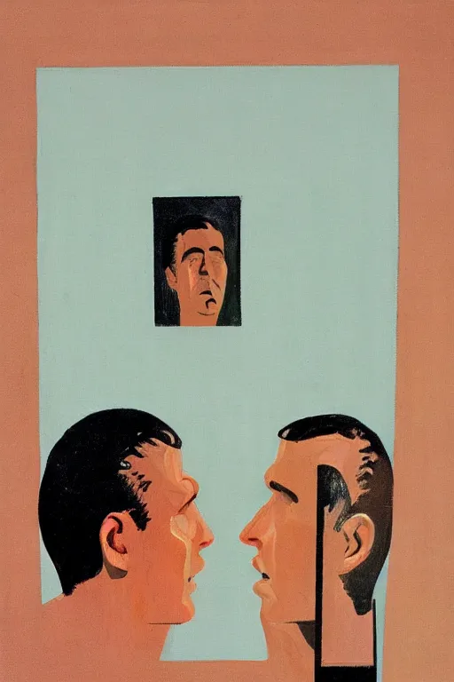 Image similar to man looking into a mirror, 1960’s minimalist advertising illustration, painterly, expressive brush strokes