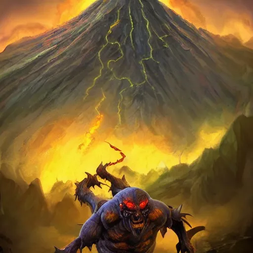 Prompt: a highly detailed goblin with dark skin and yellow eyes that glow, Like magic the gathering, goblin chainwalker, with a volcano in the background, digital art, by Christopher rush