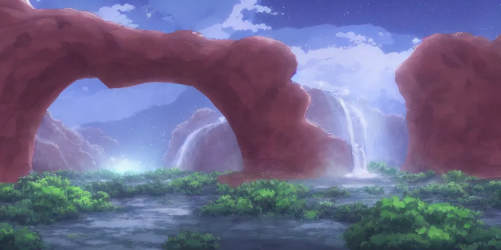 Image similar to a cell - shaded studio ghibli concept art study of an arizona rock arch time portal in the air over a flooded desert on a misty starry night. a waterfall is flowing out of the portal. very dull colors, hd, 4 k, hq