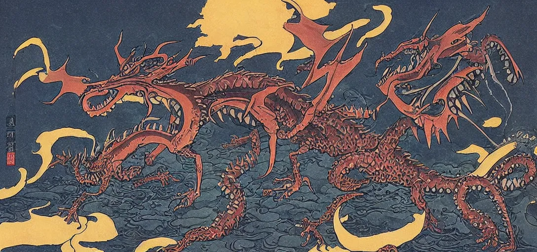 Prompt: concept art of dragon attack, lovecraftian, lots of teeth, melting horror, fighting the horrors of the unknown with laser guns, ukio - e