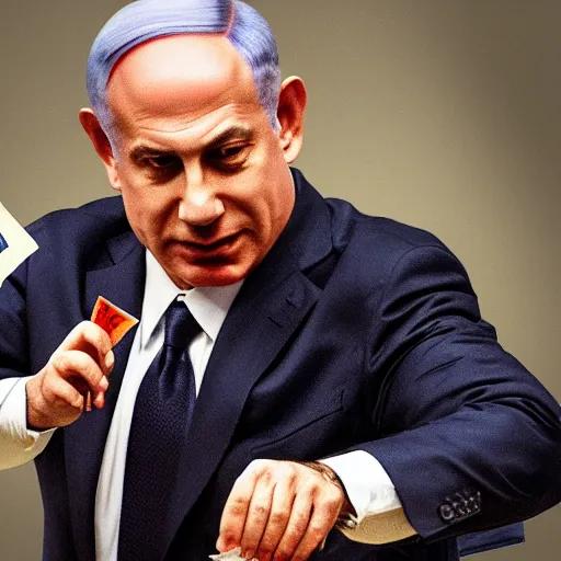 Image similar to benjamin netanyahu stealing money from the people. digital painting, high detail, 8 k, film still