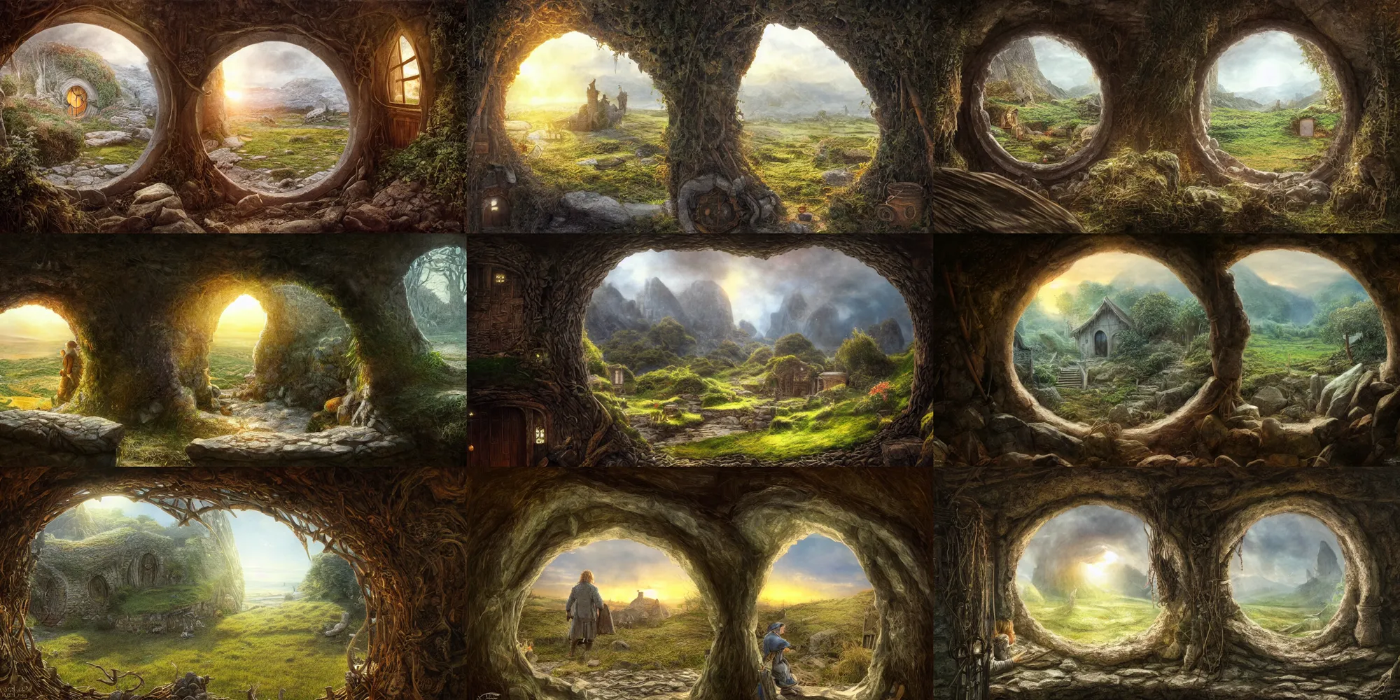 Prompt: the view from inside a hobbit hole looking out a window, by alan lee, sunset, intricate, highly detailed, digital painting, artstation, concept art, smooth, sharp focus, illustration, vfx