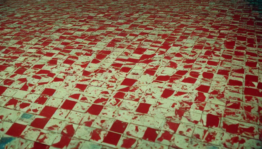 Image similar to 60s movie still of a sovietic stalinist style empty room little mosaic tiles floor a blood trace on a the floor, cinestill 800t 50mm eastmancolor, liminal Space style, heavy grain-s 150