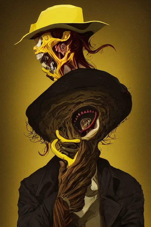 Image similar to the man in the yellow hat in sleepy hollow, full body, big two toned eyes, teeth gritted, horror, intricate details, cinematic, epic, realistic, anatomy, tomer hanuka, uplight, artstation, photorealistic, scary