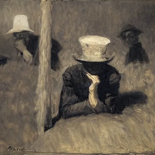 Image similar to A diphenhydramine trip, hat man, spiders, shadows, dark mood, by Ilya Repin