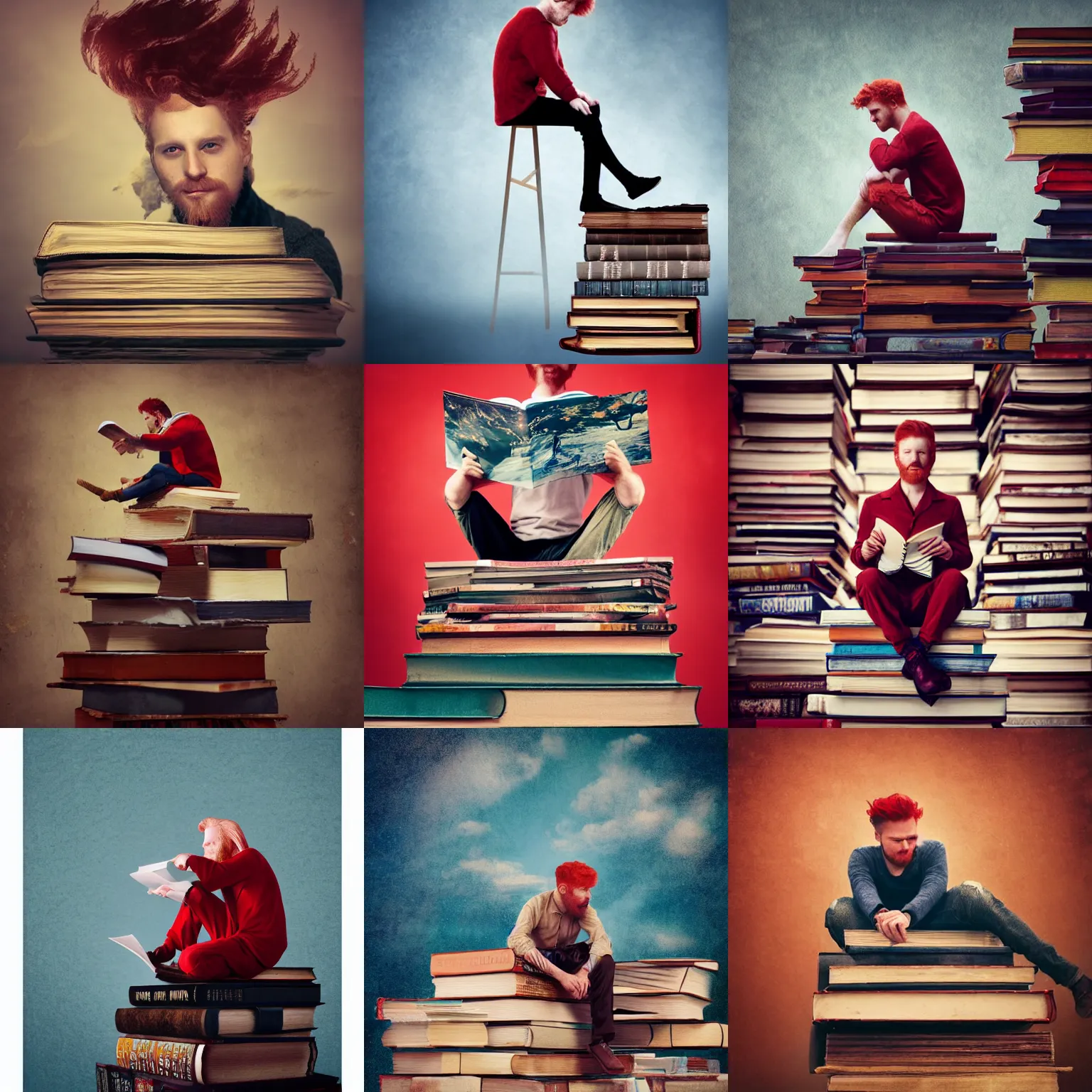 Prompt: matte painting a red - haired man sitting on top of a stack of books, a stock photo by oleg oprisco, artwork by wlop, cg society contest winner, academic art, extreme long shot, sigma 1 0 5 mm f 2., stockphoto, storybook illustration