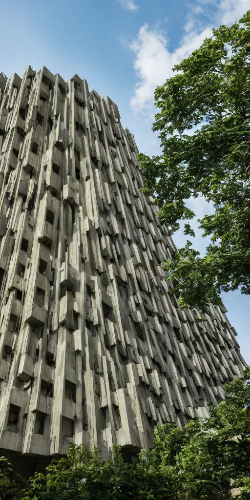 Prompt: Beautiful Brutalist Building, greenery,elegant, intricate, Long Shot, Wide shot, Full Shot, 4K