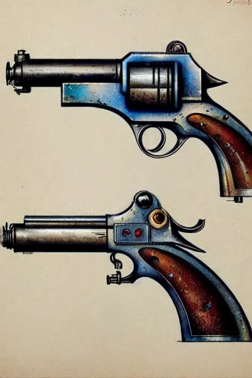 Image similar to ( ( ( ( ( 1 9 5 0 s retro science fiction raygun pistol. muted colors. ) ) ) ) ) by jean - baptiste monge!!!!!!!!!!!!!!!!!!!!!!!!!!!!!!