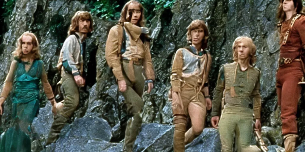 Image similar to A full color still from a Stanley Kubrick film featuring Rivendell, 35mm, 1975