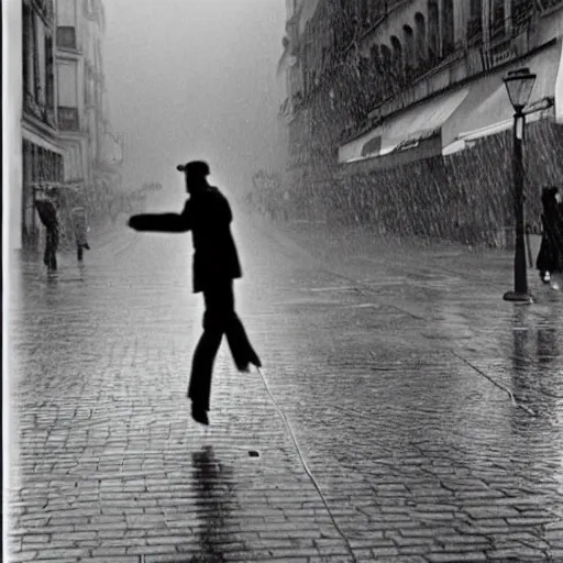 Image similar to the man leaping in a raining paris street, by henri cartier bresson,