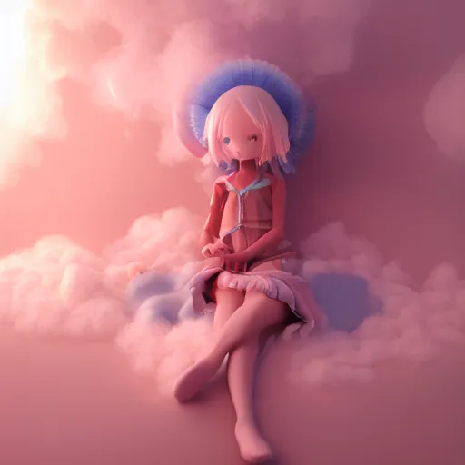 Prompt: cute fumo plush of a girl made out of steam, clouds, floating jellyfish girl, vray refractive optics simulation, gi