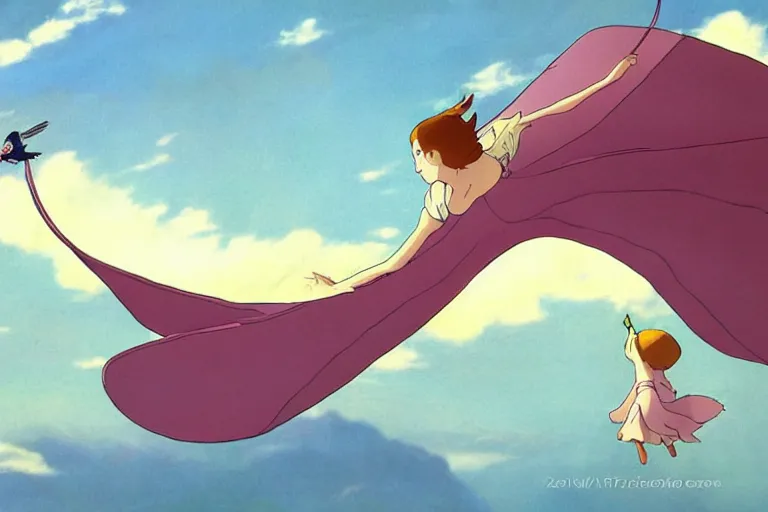 Prompt: A cell animation of girl flying with a bird-shaped white glider over the clowds, Nausicaa of the Valley of the Wind, Miyazaki Hayao, ghibli style, illustration, anime, trending on artstaion