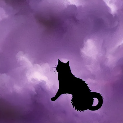 Image similar to super detailed black fluffy cat riding a purple dragon in a storm, ultrarealistic, highly detailed, soft colors