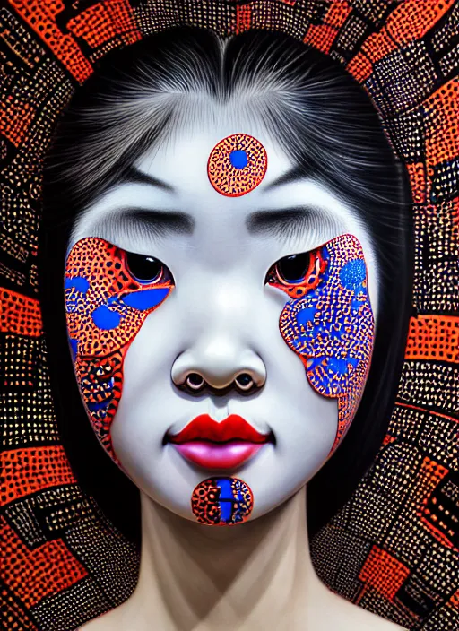 Prompt: hyperrealistic detailed image of a geisha in a art installation room, hd smooth interior by yayoi kusama, part by sandra chevrier, dark art by james jean, ultra realistic, highly detailed, life like face, detailed body, 8 k, 3 d render by roger magrini, masterpiece