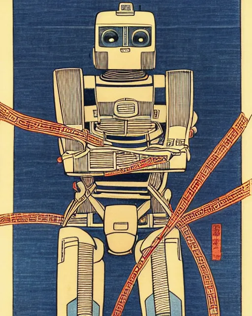 Image similar to Hiroshige portrait of a robot saint made of cables and robotic pod by Jack Kirby