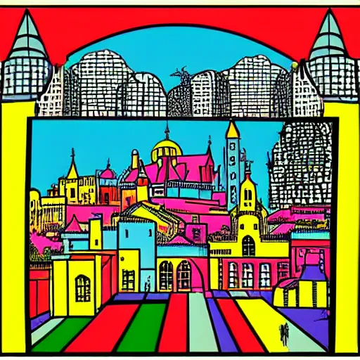 Prompt: pop art medieval cityscape