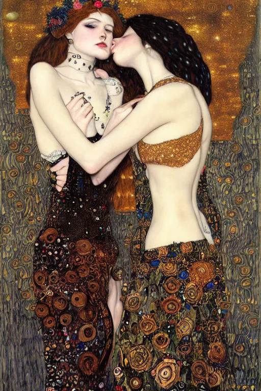 Image similar to portrait of two beautiful young gothic maidens kiss, dark fantasy, Warhammer, highly detailed, artstation, illustration, art by Gustav Klimt