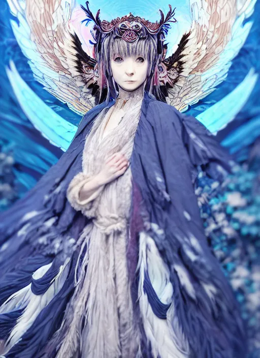 Prompt: full body portrait goddess of the owls in feathered robe, humanoid, forest ritual, throne, concept art, Kyoto animation,last exile, blue submarine no. 6,loish, murata range, kawaii, yoshitaka amano, studio lighting, manga, bright colors, beautiful, 28mm lens, vibrant high contrast, gradation, jean giraud, fantasy, rule of thirds, fibonacci, intricate, detailed, flat, matte print, sharp, Aoi Ogata, Ilya Kuvshinov, soft eyes