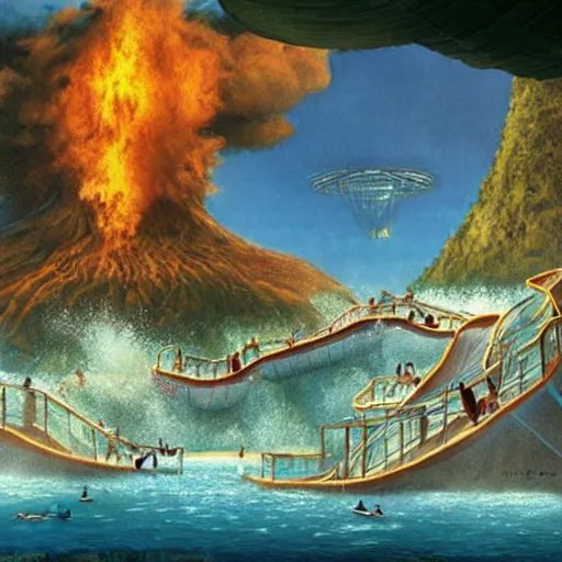 Prompt: a floating waterpark on top of a volcano painting by brain froud, charles vess, cinematic lighting, epic composition, highly detailed