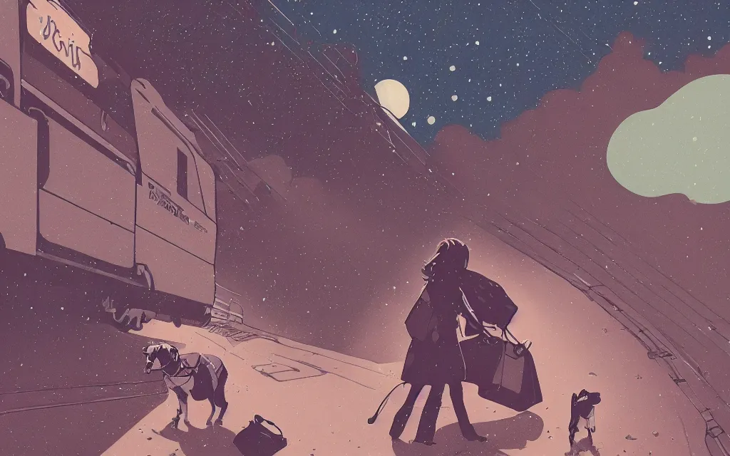 Prompt: very detailed, prophet graphic novel, ilya kuvshinov, mcbess, rutkowski, simon roy, illustration of a girl walking down train tracks with her dog, wide shot, colorful, deep shadows, astrophotography, award winning