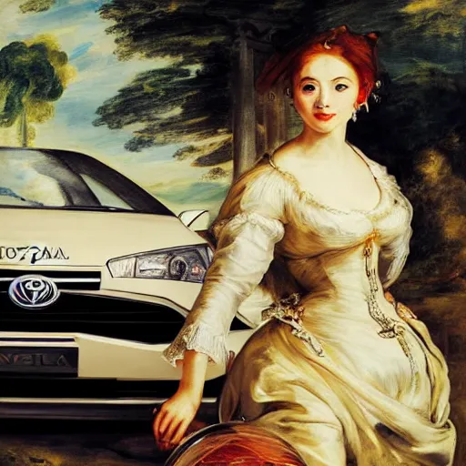 Prompt: heavenly summer sharp land sphere scallop well dressed lady standing next to a toyota corolla, auslese, by peter paul rubens and eugene delacroix and karol bak, hyperrealism, digital illustration, fauvist, standing next to a toyota corolla