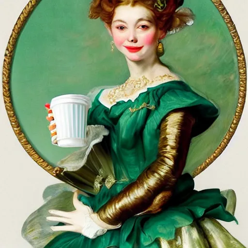 Image similar to heavenly summer sharp land sphere scallop well dressed lady holding a starbucks coffee cup, auslese, by peter paul rubens and eugene delacroix and karol bak, hyperrealism, digital illustration, fauvist, starbucks coffee cup green logo