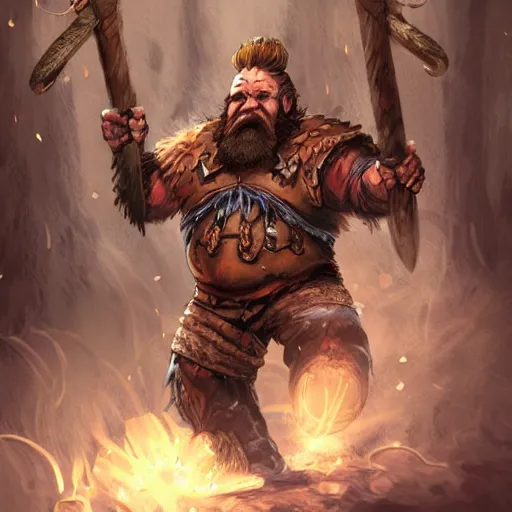 Image similar to a fantasy comic book style portrait painting of a dwarf berserker swinging axes, fighting monsters, octane render, hyperreal, 8 k