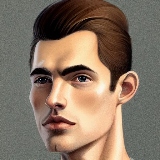 Image similar to tall man in his twenties with brown blond short quiff hair and thin slightly round facial structure with cleft chin, straight eyebrows and prominent nose, good definition of cheekbones, big hazel nut brown eyes, narrow face, slim body, atmospheric lighting, painted, intricate, 4 k, highly detailed by charlie bowater