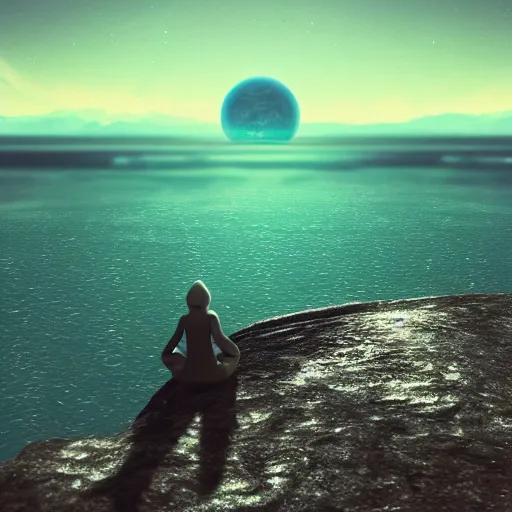 Image similar to a photo of a peaceful serene place, it's on an alien world. i am. looking at the ocean. the ocean seems to sparkle like diamonds. i can see a large blue planet floating in the horizon. first person perspective. trending on artstation