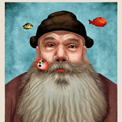 Prompt: old man with a beard full of fish, lowbrow surrealistic, in the style of mark ryden,