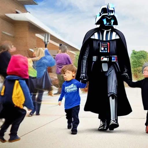 Image similar to darth vader walking kids to the kindergarten