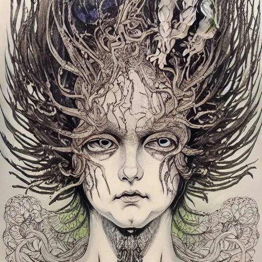 Image similar to prompt: Cabbage face painted in William Blake style drawn by Vania Zouravliov and Takato Yamamoto, intricate oil painting, high detail, Neo-expressionism, post-modern gouache marks on the side, gnarly details soft light, white background, intricate detail, intricate ink painting detail, sharp high detail, manga and anime 2000