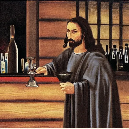 Image similar to a still of jesus sitting on a stool at the bar, last call. dark, smoky. he's looking to sin