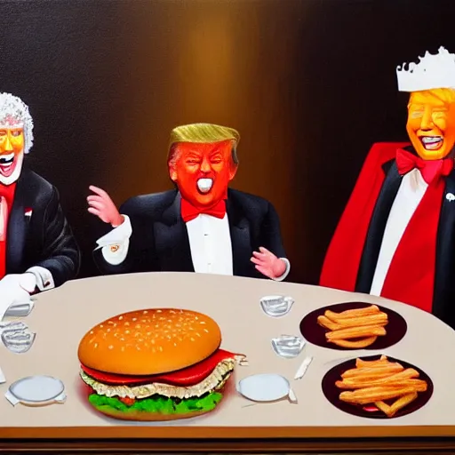 Prompt: donald trump having a banquet with ronald mcdonald the kfc colonel and the burger king in a castle. oil painting.