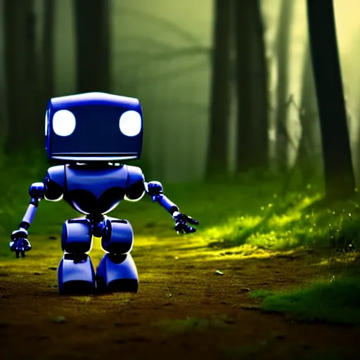 Image similar to a cute little robot in a wood. super realistic 8 k render of a dark hooded powerful elegant, cinematic composition