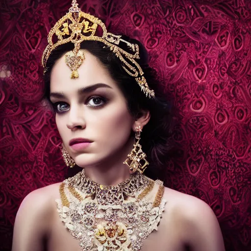 Image similar to portrait of pretty princess with perfect skin, glowing, ornate and intricate diamond jewelry, jaw dropping beauty, ornate and intricate backdrop, white accent lighting, hyper detailed, 4 k octane render