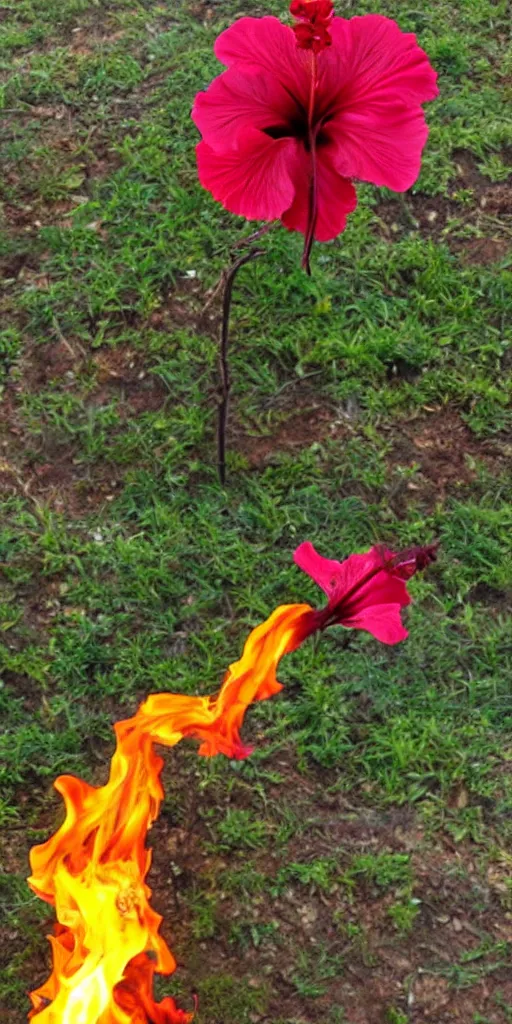 Prompt: a hibiscus plant made of fire