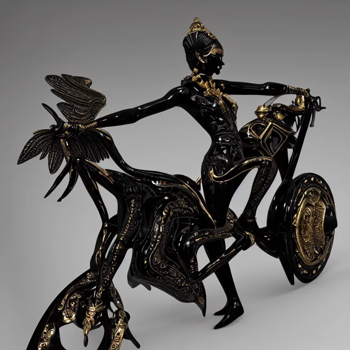 Prompt: fine art statue of masculine black egyptian god on a surrealist motorcycle, ebony art deco, carved black marble, inlaid with ebony and gold accents, ebony rococo, wings black lace wear, sculpted by spider zero, zaha hadid, beautifully lit, hyper detailed, intricate, elite, ornate, photorealistic, micro details, 3 d sculpture, ray trace