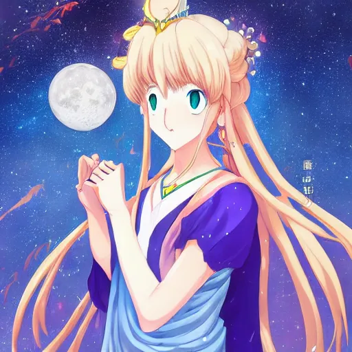 Image similar to portrait of the goddess of the moon, anime fantasy illustration by tomoyuki yamasaki, kyoto studio, madhouse, ufotable, trending on artstation