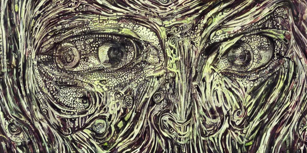 Image similar to camo of eyes, technical, acrylic, teeth, eerie, tribal, clay, dots, lines, stipple, points, grid, cybernetic, old painting, francis bacon, swirly eyes, hypnosis, eerie, sharp