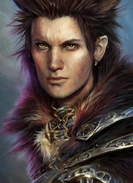 Image similar to human spiky hair, ultra detailed fantasy, dndbeyond, bright, colourful, realistic, dnd character portrait, full body, pathfinder, pinterest, art by ralph horsley, dnd, rpg, lotr game design fanart by concept art, behance hd, artstation, deviantart, hdr render in unreal engine 5