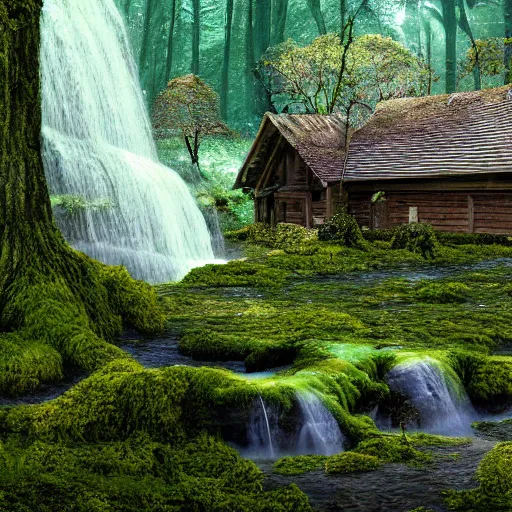 Prompt: photorealistic hyperdetailed color image of an old rundown building with moss overgrowth and trees and with a waterfall bursting in the centre of it