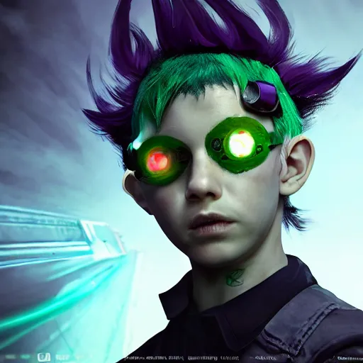 Prompt: a portrait of a boy with green hair and two devil horns and an eye patch, cyberpunk style, digital painting, concept art, smooth, sharp focus, hyperrealistic, illustration, artstation trending, octane render, unreal engine, ambient light, dynamic lighting, magical, dark vibes, Cyberpunk 2077