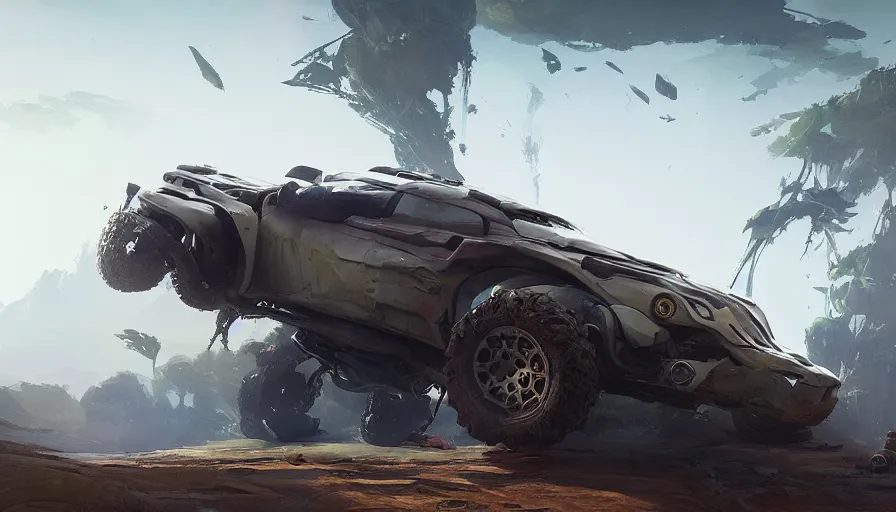 Image similar to a beautiful concept design of a supercar converted into offroad suv by cory loftis, fenghua zhong, ryohei hase, ismail inceoglu and ruan jia. volumetric light, detailed, octane render, horizon zero dawn