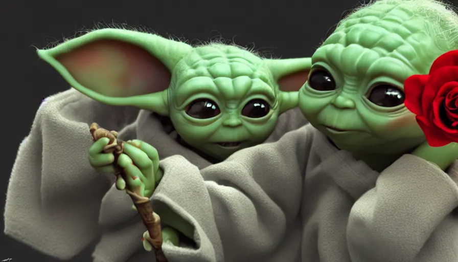 Image similar to baby yoda smiling and holding a rose, hyperdetailed, artstation, cgsociety, 8 k