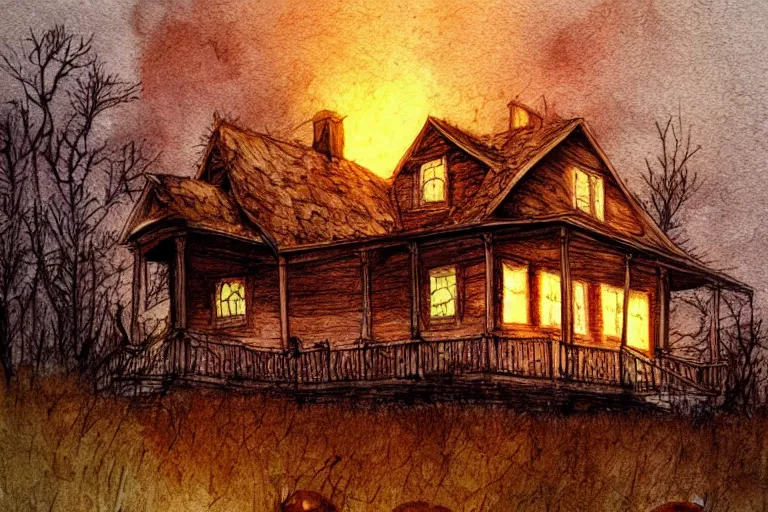 Image similar to old abandoned house on halloween night, pumpkins lit on the porch, colored pencil ink wash by scott wills and ashley wood