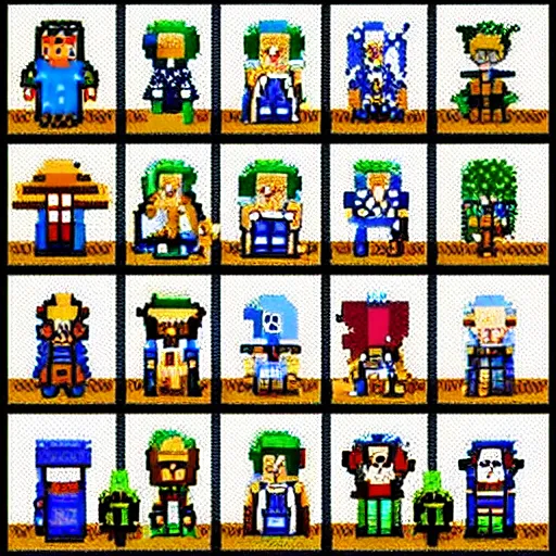 Prompt: pixel art character sprites for an 8-bit indie rpg