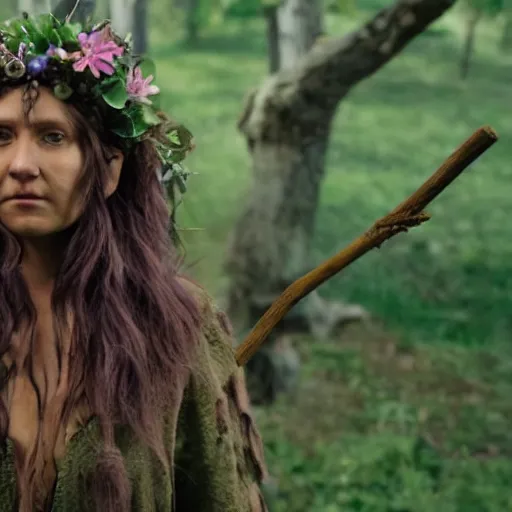 Prompt: deep gnome druid with leather clothing and leaves and sticks in her hair, photo from the movie midsommar