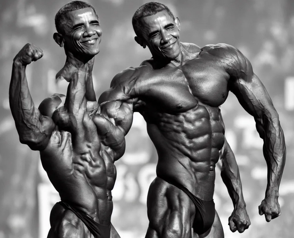 Prompt: Obama in bodybuilding contest, Ripped, Buffed Obama, GigaChad, Black and White, Noir