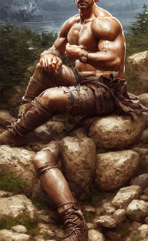 Prompt: Portrait of a rugged ranger sitting down on a rock by a fire, male, muscular, straight nose!!!, detailed face, handsome face, bare thighs!!!, simple clothing!!!!!, fantasy, medieval, highly detailed, cinematic lighting, digital art painting by greg rutkowski